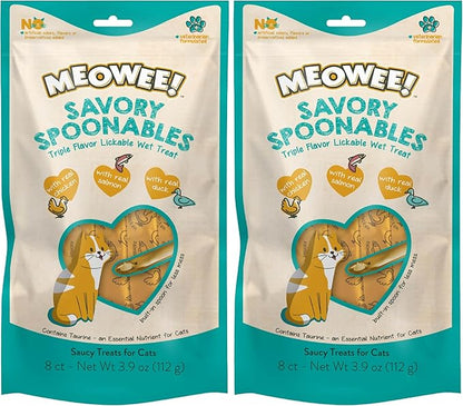 MEOWEE! Savory Spoonables with Real Chicken, Salmon and Duck for Cats, 8 Count, Treat Your Cat to Triple Flavor Squeezable Lickable Wet Treats with Built-in Spoon for Less Mess (Pack of 2)