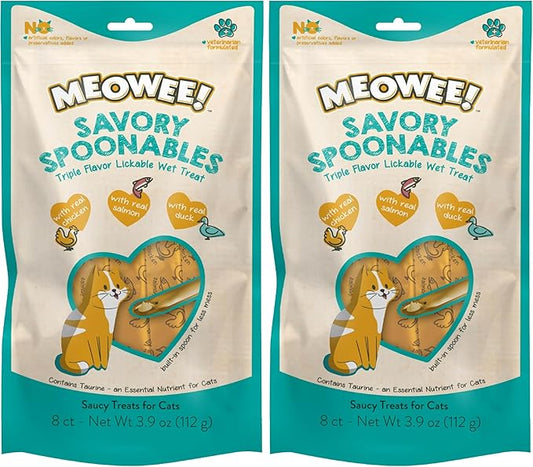 MEOWEE! Savory Spoonables with Real Chicken, Salmon and Duck for Cats, 8 Count, Treat Your Cat to Triple Flavor Squeezable Lickable Wet Treats with Built-in Spoon for Less Mess (Pack of 2)