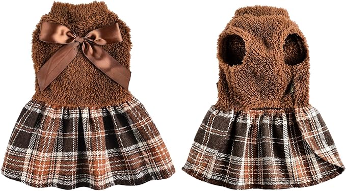 Yikeyo Dog Sweater Dress,Winter Dog Clothes Sweater Dress for Small Dogs Girl, Plaid Hem, Turtleneck, Fluffy Female Warm Pet Fuzzy Puppy Coat Apparel Outfit Yorkie Chihuahua Clothes, XXS, Brown