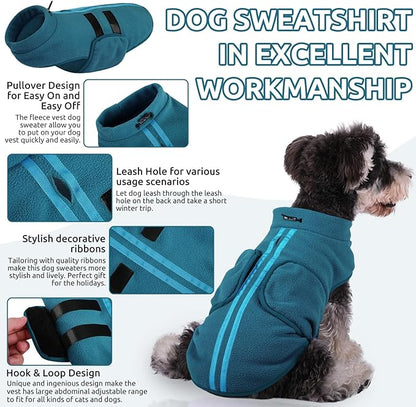 Queenmore Small Dog Sweater, Soft Fleece Vest Pullover Jacket With Leash Hole, Warm Winter Clothes for Cold Weather, Dachshund Sweater for Small Dogs Cats Boy or Girl (Peacock-Blue, XS)
