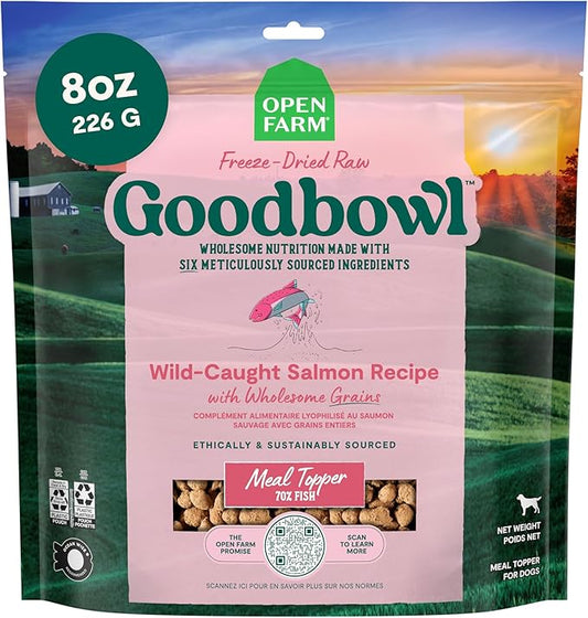 Open Farm Goodbowl Dog Food Topper, Freeze Dried Raw, Wild Caught Salmon & Wholesome Non-GMO Grains Recipe, 8oz Bag