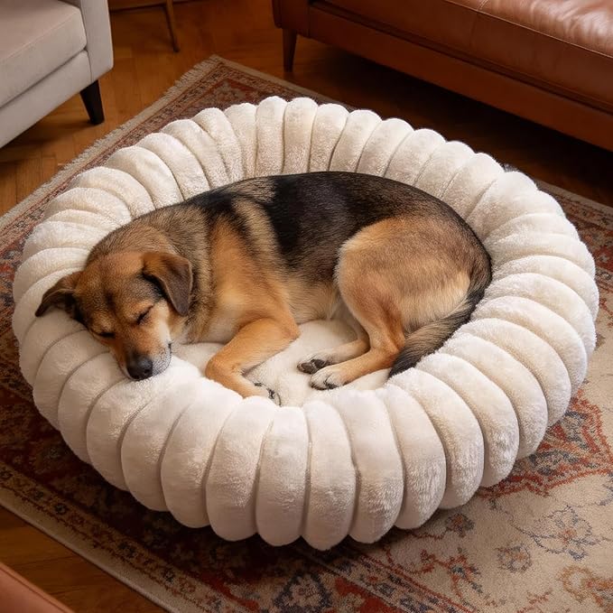 Warming Faux Rabbit Fur Pet Beds – Luxurious Donut Dog & Cat Bed, Anti-Anxiety Calming Cuddler Bed for Small Medim Dogs, Washable Round Puppy Kitten Beds, Non-Slip Bottom(31x31x8, White)
