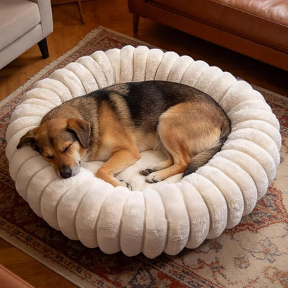 Warming Faux Rabbit Fur Pet Beds – Luxurious Donut Dog & Cat Bed, Anti-Anxiety Calming Cuddler Bed for Small Medim Dogs, Washable Round Puppy Kitten Beds, Non-Slip Bottom(31x31x8, White)