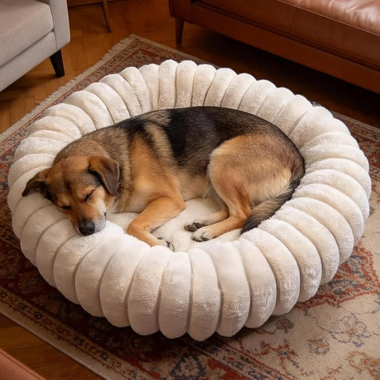 Warming Faux Rabbit Fur Pet Beds – Luxurious Donut Dog & Cat Bed, Anti-Anxiety Calming Cuddler Bed for Small Medim Dogs, Washable Round Puppy Kitten Beds, Non-Slip Bottom(31x31x8, White)