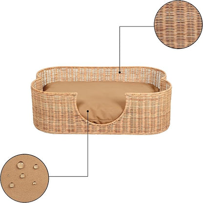 DBD1003B Scallop Handwoven Water Hyacinth Pet Bed with Machine Washable Cushion, 31" x 20" Wicker Cat and Dog Bed for Medium to Large Pets, Boho Tropical Style Basket, Light Brown