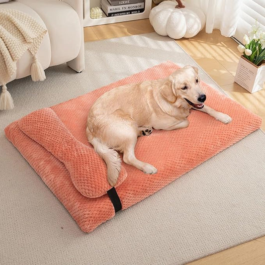 huraty Large Dog Bed Mat with Pillow, Egg Crate Foam Pet Bed Bolster Pillow for Support, Washable Dog Bed Mattress Suitable for Pets Up to 50 lbs, Pink 39.4x25.5x3 in