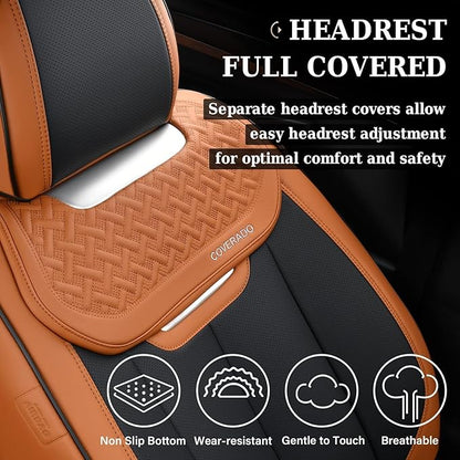 Coverado Car Seat Covers Full Set, Breathable Nappa Leather Seat Covers for Cars, Automotive Seat Covers, Waterproof Front and Back Car Seat Protector Universal Fit Most Cars(Brown&Black)