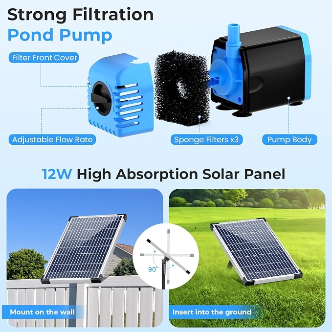 Pond Filter with 12W Solar Fountain Pump, Solar Pond Filter with 160GPH Pump & Fountain Kit, Outdoor Filter Box with 6.6FT PVC Tubing, Perfect for Ponds Clean, Clear, and Add Water Features
