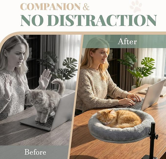 Cat Desk Bed with Clamp – Adjustable Height & 360° Rotation Desk Cat Hammock Perch, Space-Saving Cat Bed with Removable Washable Cushion for Home Office & Remote Work Cat Owners on Small Apartments
