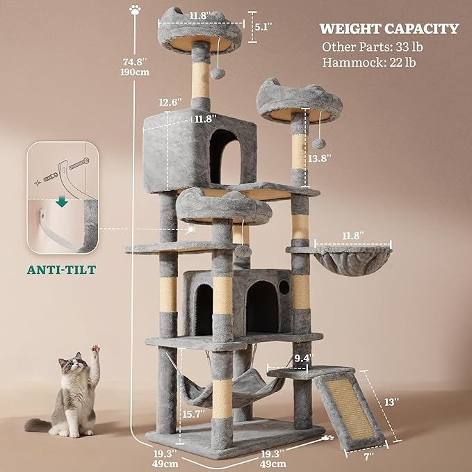 YITAHOME Tall Cat Tree for Indoor Cats, 75 inch Multi-Level Cat Tower with Cat Condos, Top Perches, Sisal Ramp Scratching Posts, Cozy Basket, Hammocks, Large Cat Pet Activity Structure, Light Gray