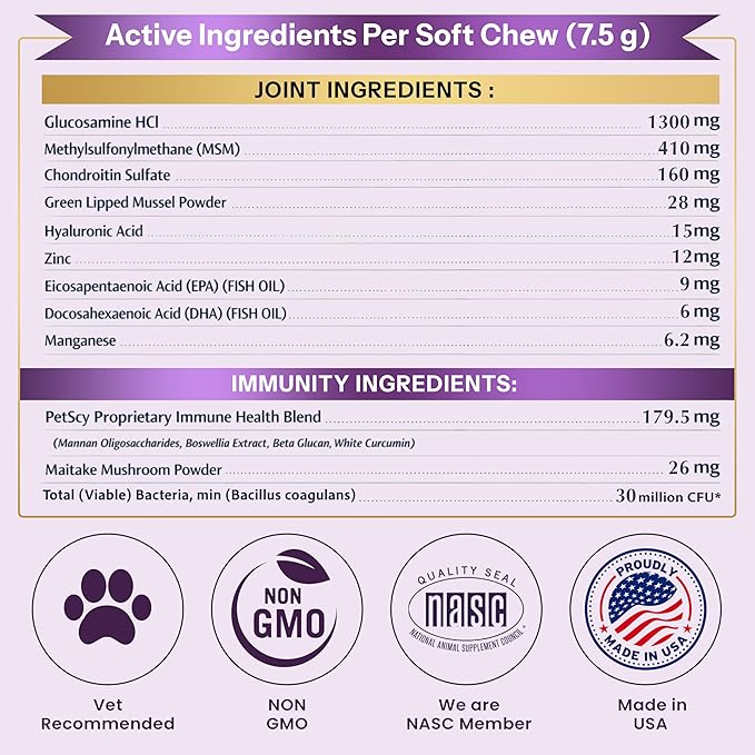 Petscy Longevity Hip & Joint + Immune Support for Dogs - Large (7.5g Chew) - High Dose Glucosamine, MSM, Chondroitin, Green Lipped Mussel, Omega 3, Probiotics - 30 Chews (Large Dogs)