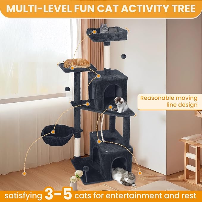 Cat Tree, 54-Inch Cat Tower for Indoor Cats, Soft Plush Multi-Level Climbing Cat Condo with Scratching Posts, Basket, Perches,2 Caves,2 Pompoms Play House for Cat(Dark Gray)