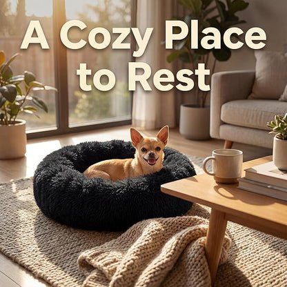 Tiny Dog Bed 15 Inch for Extra Small Dogs,Washable Puppy Bed,Soft Faux Fur Calming Donut Bed for Chihuahua Yorkie Maltese Pomeranian,Black