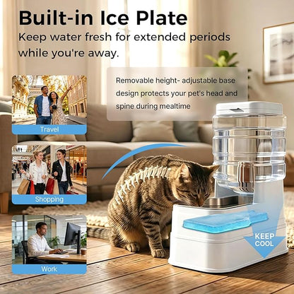 Automatic Cat Feeder and Water Dispenser with Stainless Steel Bowl with Ice Pack Gravity Food Feeder and Waterer Set Feeding Raised Bowls with Filter for Dog 1.3 Gallon x 2(White)