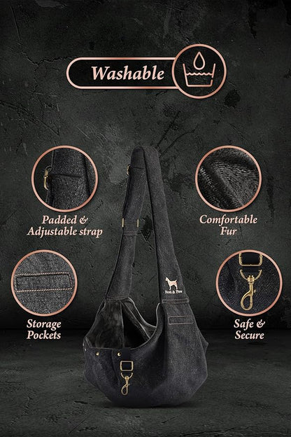 Noah & Paw Dog Sling Carrier for Small Dogs 5-18lb, Dog Sling for Small Dogs and Cats, Dog Carrier with Adjustable Padded Strap, Premium Denim, Lined with Fur, Double Safety Feature, Machine Washable
