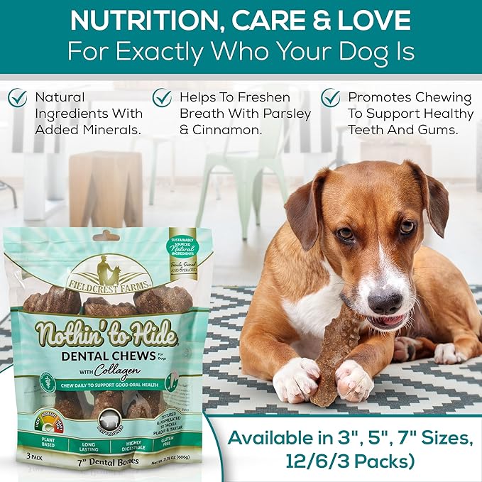 Fieldcrest Farms Dental Chews for Dogs, Bone (7inches, 3count Pack) – Tackles Plaque, Tartar, Promotes Dental Health – w/Collagen, Organic, Gluten-Free