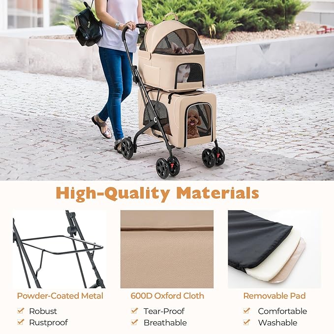 4-in-1 Double Pet Stroller with 2 Detachable Carriers, Foldable Dog Cat Travel Stroller for Small Medium Pets, Travel Cat Bag with Safety Belt & Lockable Wheels, Beige
