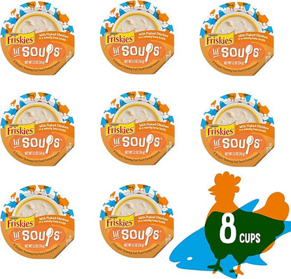 Friskies Purina Natural,Grain Free Wet Cat Food Lickable Cat Treats,Lil' Soups Flaked Chicken - 1.2 oz. Tubs,(Pack of 16)