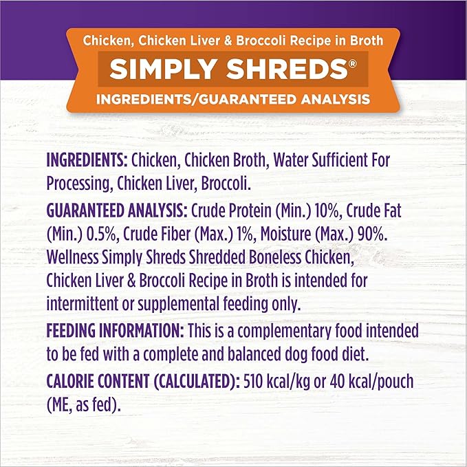 Wellness Bowl Boosters Simply Shreds Wet Dog Food Topper for Small, Medium, & Large Breeds, Grain Free, Natural, Chicken Liver & Broccoli, 2.8 Ounce Pouch (Pack of 12)