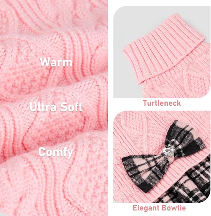 KYEESE Dog Sweater Soft Turtleneck Pet Sweater Dress Stretchy Cat Sweaters Thick Dogs Clothes with Bowtie Warm Pullover Pet Coats Comfy Knitwear Dog Sweaters for Small Dogs Girl, Pink, Large