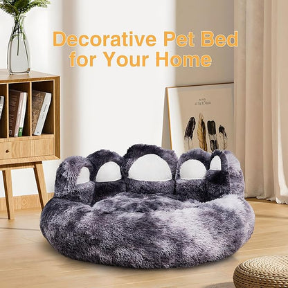 Cute Dog Bed, Fluffy Cozy Bear Paw Shape Plush Round Cat Bed for Small, Medium Dogs & Large Cats,Comfortable Sleeping Puppy Cushion, Ideal for Indoor Use（Black&Gray,26inch