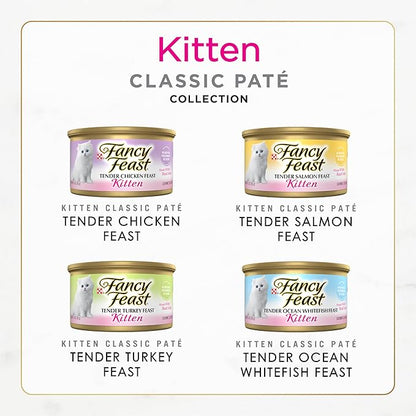 Fancy Feast Purina Tender Ocean Whitefish,Turkey,Chicken and Salmon Feasts Wet Kitten Food Variety Pack - 3 oz. Boxes,(Pack of 48)