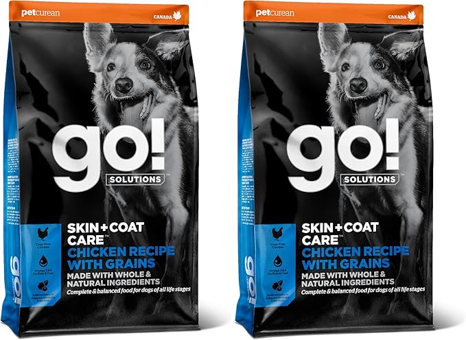 Go! Solutions Skin + Coat Care Chicken Dry Dog Food with Grains, Healthy Kibble with Omega-3s & 6s for Soft, Shiny Fur, for Puppies, Adults, & Seniors, 3.5 lb Bag (Pack of 2)