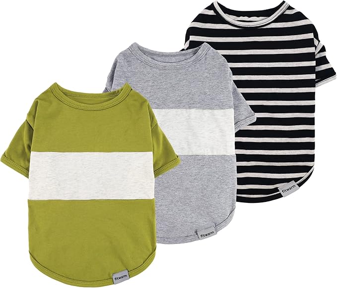 Fitwarm 3 Pack Color Block Striped Dog Shirt, Summer Dog Clothes for Small Dogs, Breathable Lightweight Pet Tshirt with Sleeves, Cat Outfit, Oliver Green, Grey, Black, XL