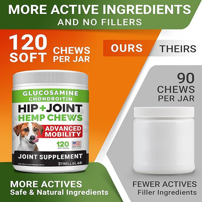 Advanced Hemp + Glucosamine Dog Joint Supplement - Hip Joint Pain Relief - Mobility Chews for Dogs - Chondroitin, MSM, Omega - Made in USA - Lamb Flavor - 120 Hemp Treats