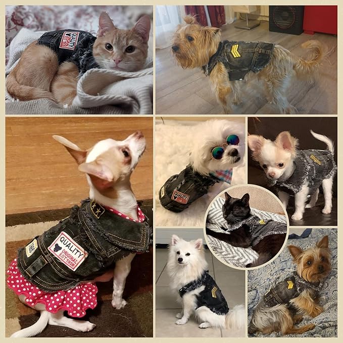 Cool Dog Jean Jacket Small Puppy Outfits Frenchie Clothes Denim Coats for Small Medium Dogs Cats Boys Girls Pet Vest Dog Shirt Clothing Doggy Costume (Black Print, XS（Suggest 2-4 lbs）)
