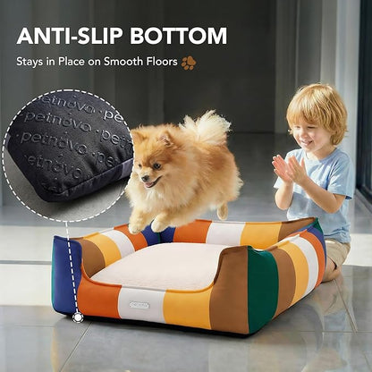 PETNOVO Large Dog Bed with Washable Removable Cover, Reversible All-Season Cushion, Non-Slip Base, Rainbow Pattern, Eco Gift Box, 29.5 × 21.7 × 7.9 in