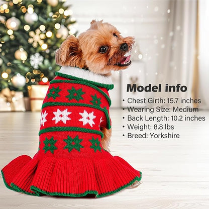 KYEESE Dog Christmas Sweater Pullover Dog Sweater for Small Dogs Warm Dogs Coats Pet Clothes Pet Sweater Dress with Snowflake Pattern Turtleneck Knit Pet Sweater for Girl with Leash Hole, Red, Large