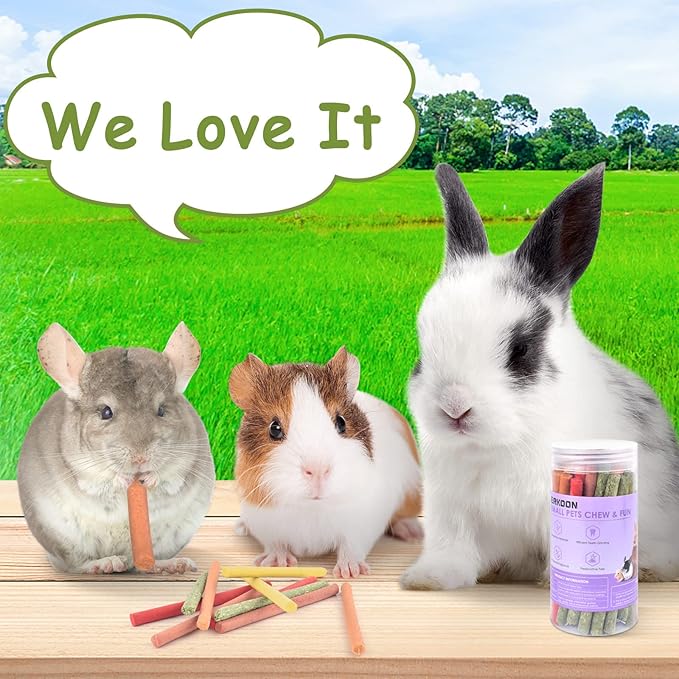 ERKOON 40Pcs Rabbit Timothy Hay Sticks, Five Flavors：PurplePotato/TimothyHay/Pumpkin/Strawberry/Carrot，Suitable Guinea Pig, Hamste, Gerbil, Chinchilla Treats, Chew Toys for Teeth for Bunnies