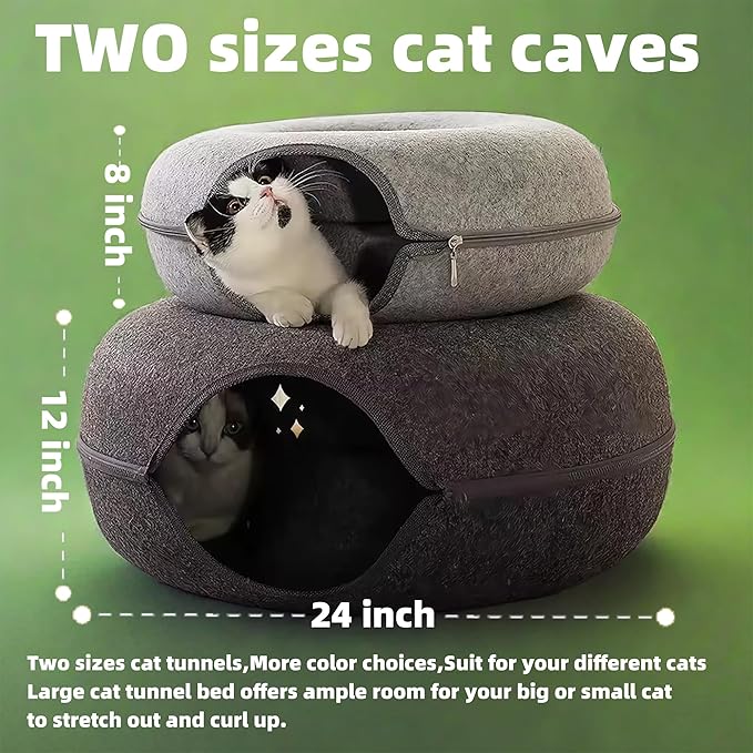 Donut Cat Tunnel Bed Peekaboo Cat Cave for Large Cats Up to 30 Lbs, Kitty Interactive Playing Tent House for Multiple Cats,Detachable,Scratch Resistant (Deep Gray, Large - 24 Inch Diameter)