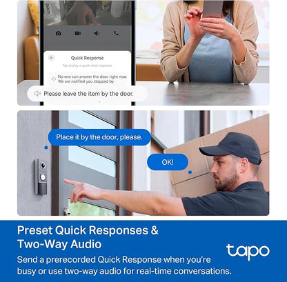 Tapo 2K+ Wired or Battery Powered Smart Video Doorbell with Chime - 180° Field of View, Person/Vehicle/Package Detection, Ring Call, 2-Way Audio, Subscription-Free Local Storage or Optional Cloud,D225