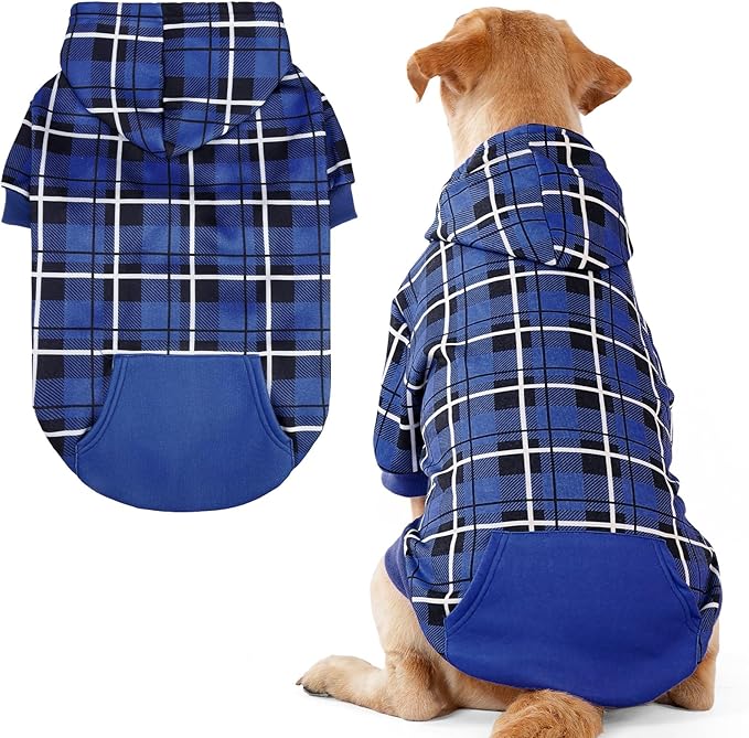 EXPAWLORER Plaid Dog Hoodie - British Style Warm Dog Sweater Shirt with Leash Hole,Pitbull Clothes Outfits,Winter Coat Apparel for All Breeds Puppy Girl Boy-Cat Apparel,Navy Blue XL-XXLarge