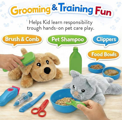 34-Piece Kids Pretend Vet Playset, Veterinarian Role Play Doctor Toy Kit with Plush Dog & Cat, Pet Care Grooming Set with Carrier & Medical Tools