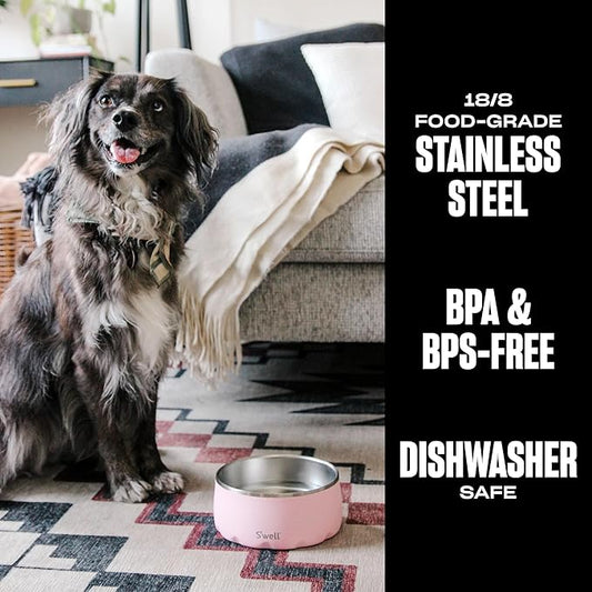 S'well Stainless Steel Pet Bowl, 32oz, Pink Topaz, for Small to Medium Size Dogs, Mess Free Design with Non Slip Rubber Bottom, Dishwasher Safe, BPA Free