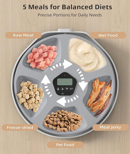 Automatic Wet Food Cat Feeder, Auto Timed Wet Cat Food Dispenser, 5 Meal Timed Programmable Pet Feeder with 2 Ice Packs for Kitten and Small Dog Food Dispenser, Dual Power & Easy to Clean