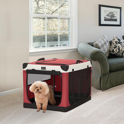 PETSFIT 26" Soft Portable Dog Crate – Patented Spiral Sturdy Frame, Collapsible Travel Kennel for Small Dogs, 3 Mesh Door, Lockable Zippers, Indoor & Car Use Red