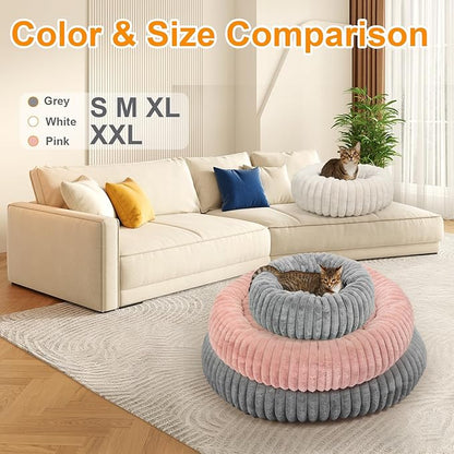 Washable Small Cat Dog Bed,Calming Anti Anxiety Round Donut Dog Bed,Cute Kitten Cat Beds for Indoor Cats,Fluffy Puppy Dogs Beds for Small Dogs, Anti-Slip Comfort Pet Bed(White, S)