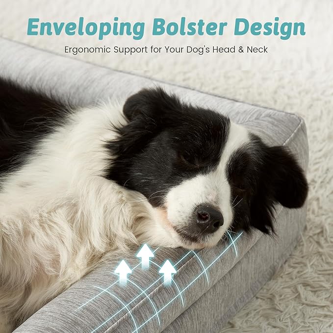 COZY KISS Cooling Dog Bed, Orthopedic Foam Dog Bed with Sides, Removable Cover & Waterproof Lining and Nonskid Bottom, Comfortable Pet Beds for Medium Dogs, Grey (36" L x 27" W x 6.5" Th)