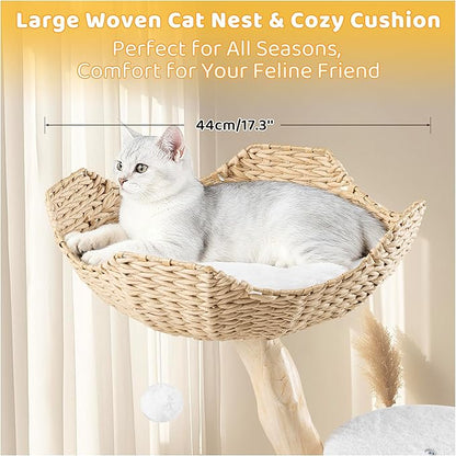 COSIEST 42.5" Tall Cat Tree Tower for Indoor Cats, Modern Cat Tower with Natural Sisal Scratching Posts, Ball & Resin Trunks, Rattan Cat Tree with Condo, Cat Furniture for Multi-Cat Households, White
