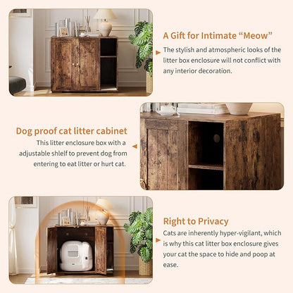 Large Cat Litter Enclosure with Litter Collector, Enclosure for Self-Cleaning Litter Boxes,Adjustable Shelf for Dog Proof,Charging Station, Large Hidden Litter Box for Cat, Cat House