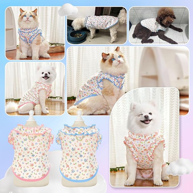 2 Pack Floral Dog & Cat Dress with Tutu Skirt - Breathable Stretch Pet Clothes for Small Dogs Girl Cats & Puppies Birthday Party Outfit (2pack,Pink&Blue,XX-Large)
