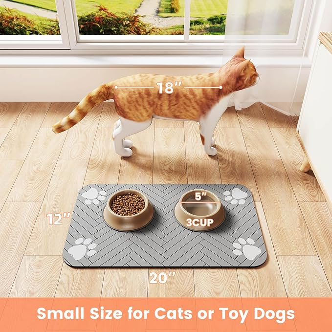 Pet Feeding Mat-Absorbent Pet Placemat for Food and Water Bowl, with Waterproof Rubber Backing, Quick Dry Water Dispenser Mat for Dog and Cat (24"x16", Striped Light Gray)