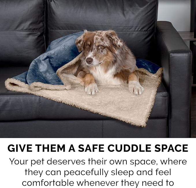 Furhaven Waterproof & Self-Warming Throw Blanket for Dogs & Indoor Cats, Washable & Reflects Body Heat - Soft-Edged Terry & Sherpa Dog Blanket - Cozy Denim, Medium