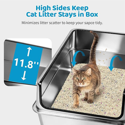 XXXL Stainless Steel Cat Litter Box, 28" L x 19.7" W x 12" H Extra Large Semi Enclosed Removable Metal Litter Tray with High Sided Enclosure, Scoop, Anti-Leakage, Non-Sticky, Easy Cleaning