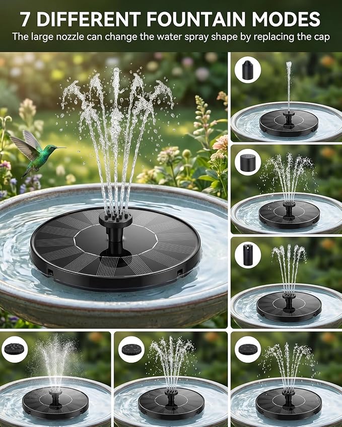 Solar Fountain for Bird Bath, 2026 Upgrade 1.4W Solar Power Water Fountain Pump with 7 Nozzles, Free Standing Floating Powered Fountains for Garden, Pond, Pool, Birdbath (6.3 inch)