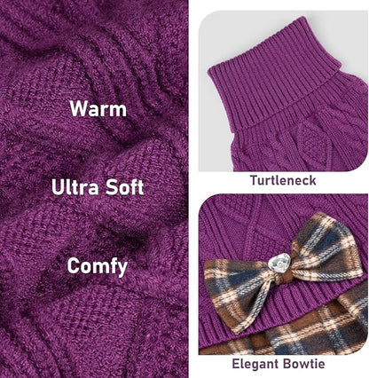 KYEESE Dog Sweater Thick Dogs Clothes with Bowtie Warm Pullover Pet Coats Comfy Knitwear Dog Sweaters for Small Dogs Girl Soft Turtleneck Pet Sweater Dress Stretchy Cat Sweaters, Purple, Medium